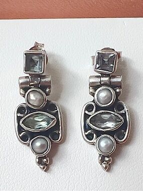 Princes & Marquise Cut Blue Topaz Grey Pearl Dangle Earrings Sterling Silver 925